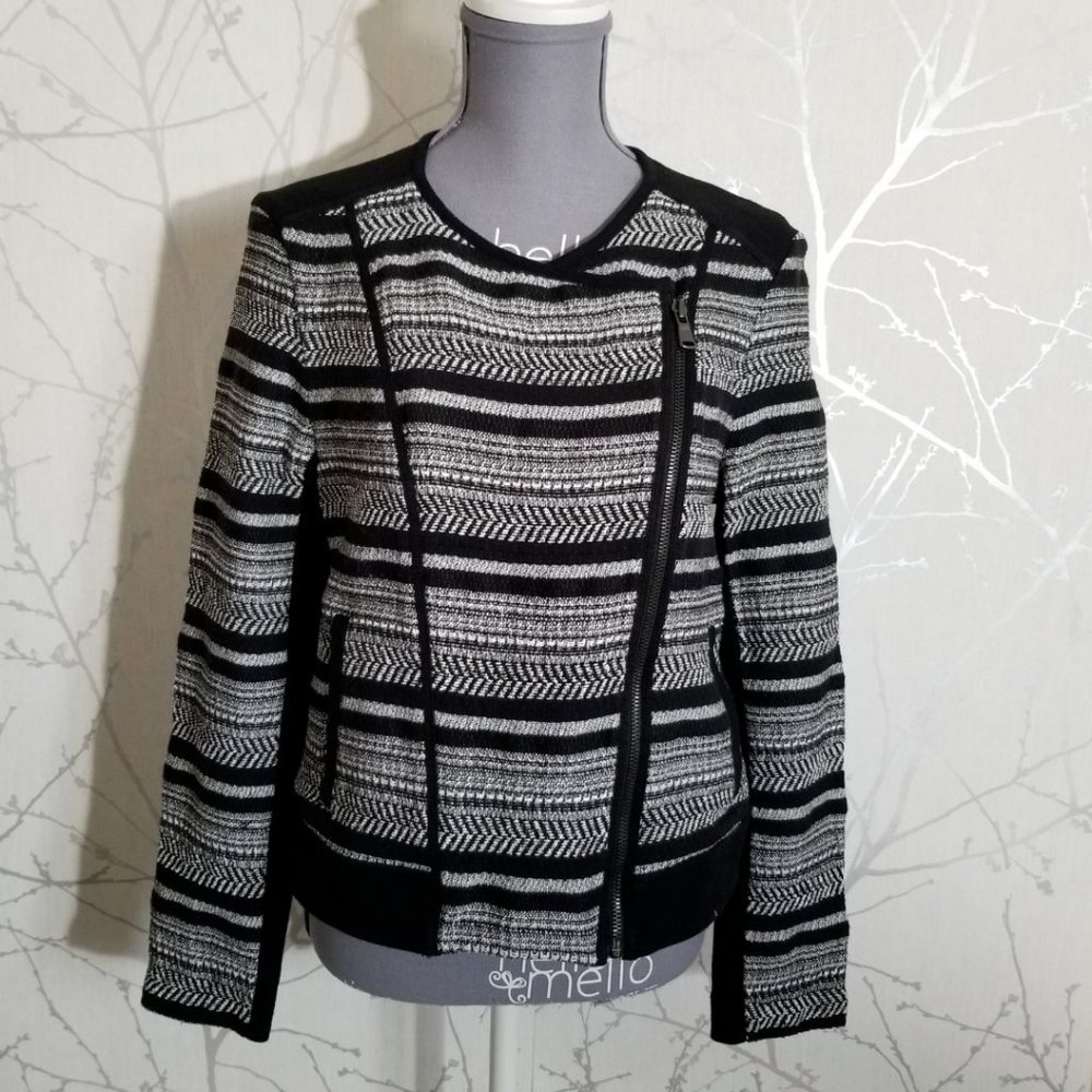 Lou & Grey Striped Moto Jacket w/ Exposed Asymmetrical Zipper